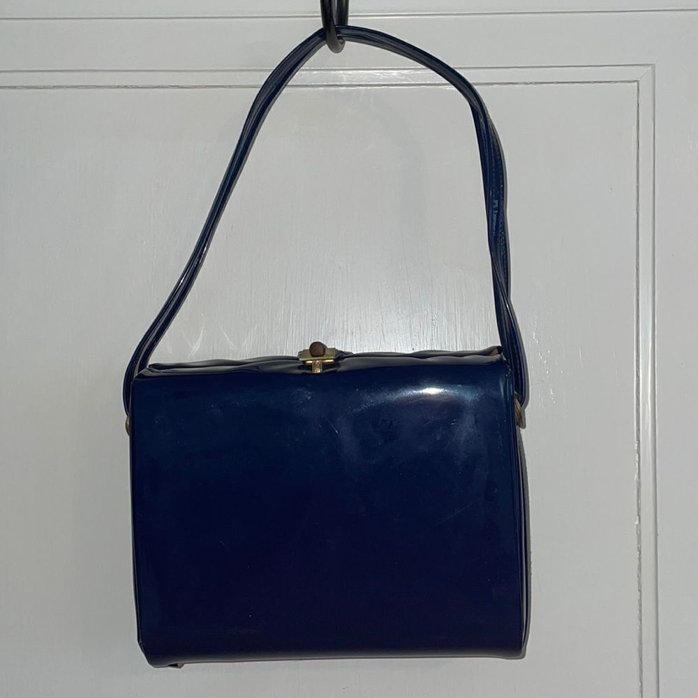 Unique Vtg 60s navy blue patent‎ square box purse